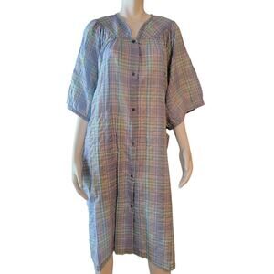 VTG Vanity Fair House Dress Light Blue Seersucker Plaid Pearl Buttons Size 2-3X